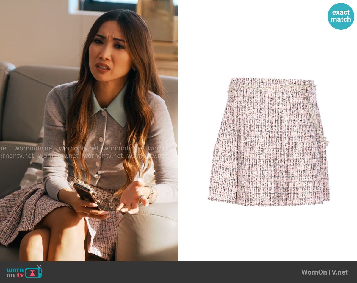 Self Portrait Crystal-embellished tweed mini skirt worn by Ali Lee (Brenda Song) on Running Point
