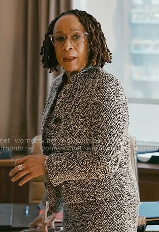 Sharon’s herringbone tweed dress and jacket set on Chicago Med