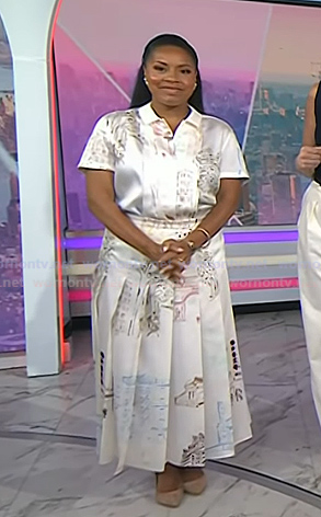 Sheinelle’s ivory printed short sleeve top and pleated skirt on Today