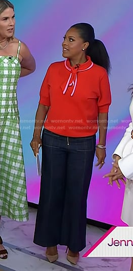 Sheinelle’s red contrast tie neck top and jeans on Today
