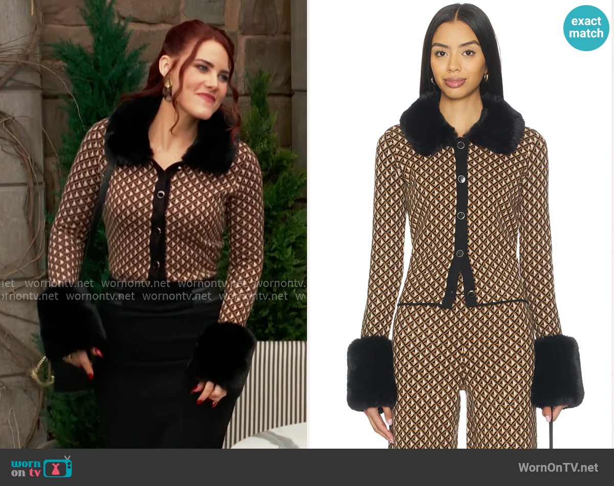 Show Me Your Mumu Chateau Cardigan in Carmel Geo Knit With Faux Fur worn by Sally Spectra (Courtney Hope) on The Young and the Restless