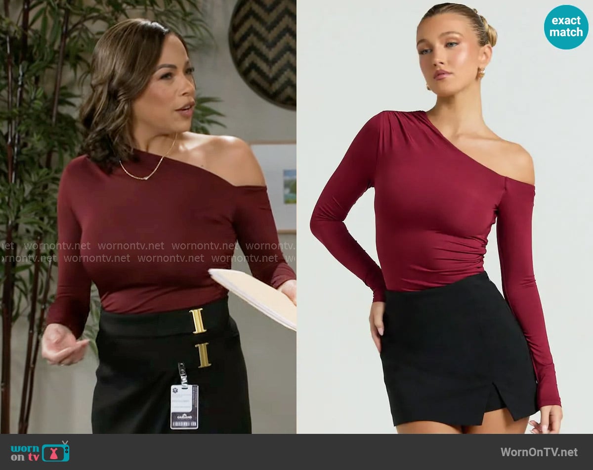 Showpo Clarence Top in Wine worn by Nicole Dupree Richardson (Daphnee Duplaix) on Beyond the Gates