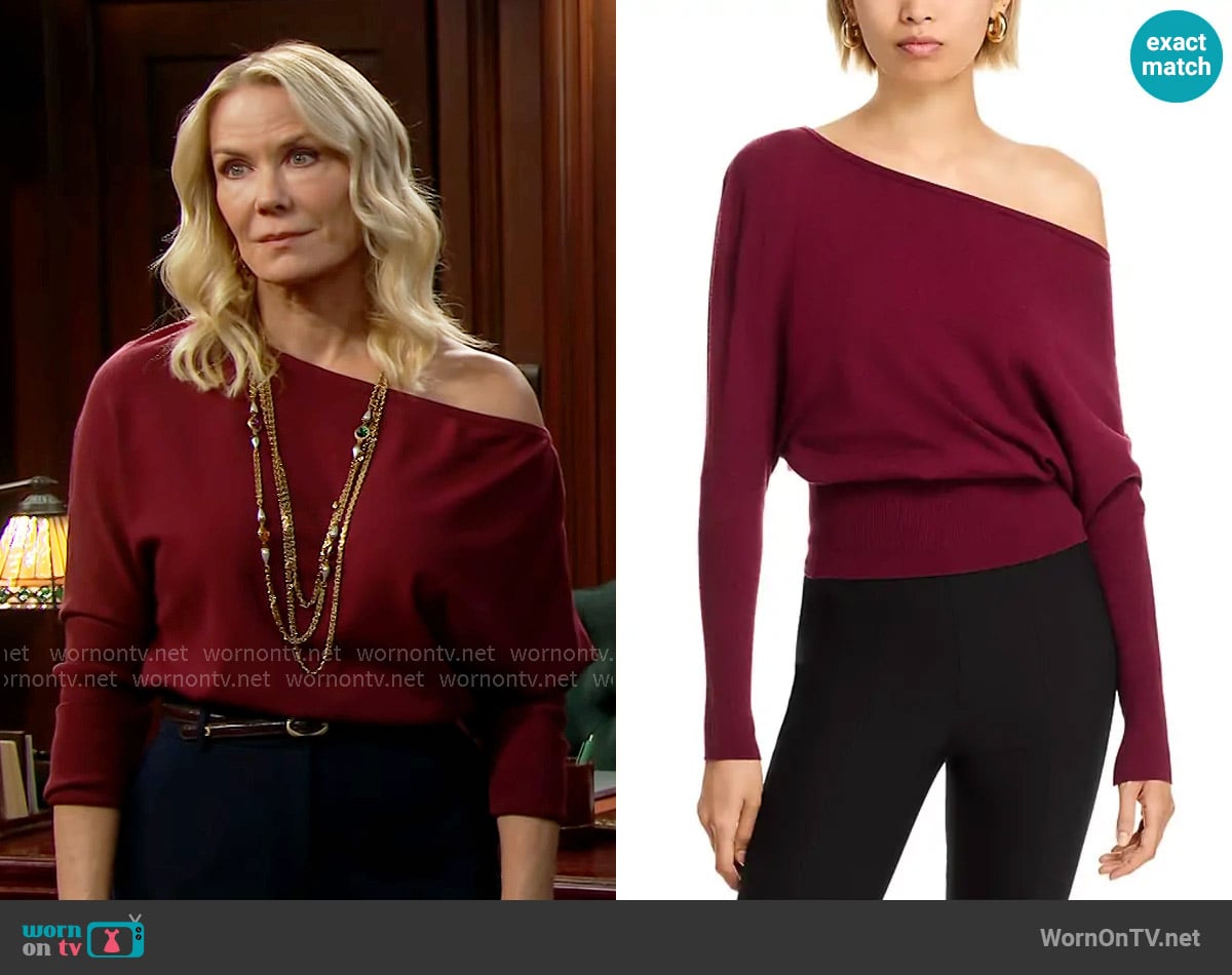 Simkhai Lavina Draped Sweater in Cranberry worn by Brooke Logan (Katherine Kelly Lang) on The Bold and the Beautiful