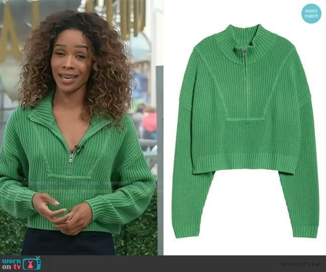 Staud Hampton Crop Half-Zip Sweater worn by Zuri Hall on Access Hollywood