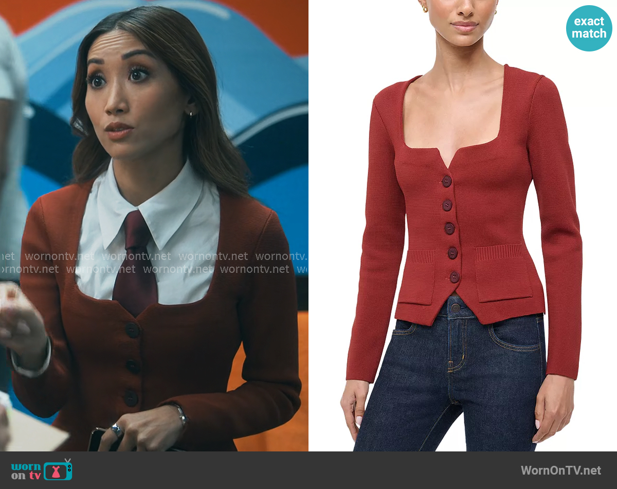 Staud Rachela Knit Top in Sangria worn by Ali Lee (Brenda Song) on Running Point