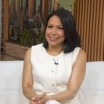 Stephanie’s white tweed top and pleated skirt on Good Morning America