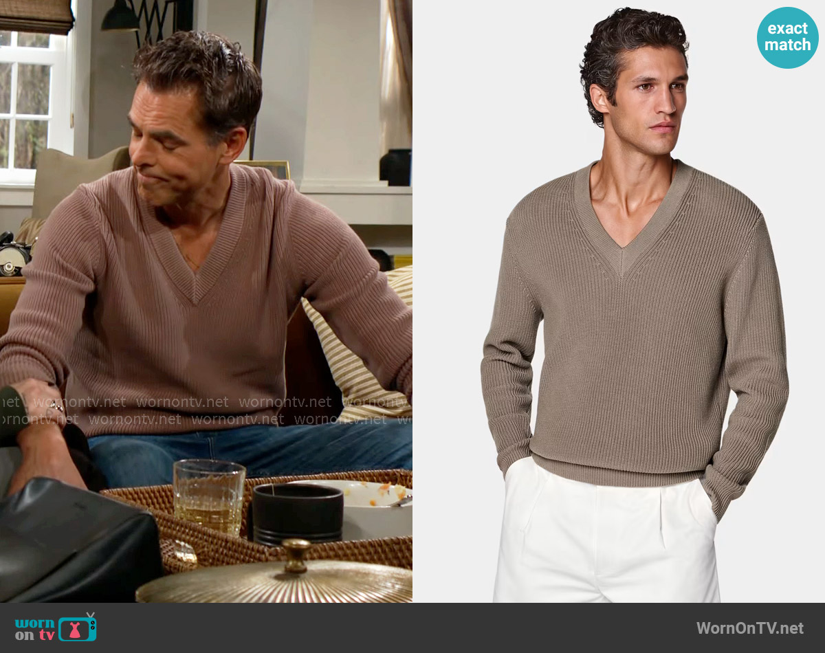 Suitsupply Taupe Ribbed V-Neck worn by Billy Abbott (Jason Thompson) on The Young and the Restless