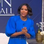 Tamron’s blue belted dress on Tamron Hall Show