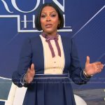 Tamron’s blue tie neck mini dress on Tamron Hall Show