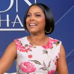 Tamron’s white floral sleeveless dress on Tamron Hall Show