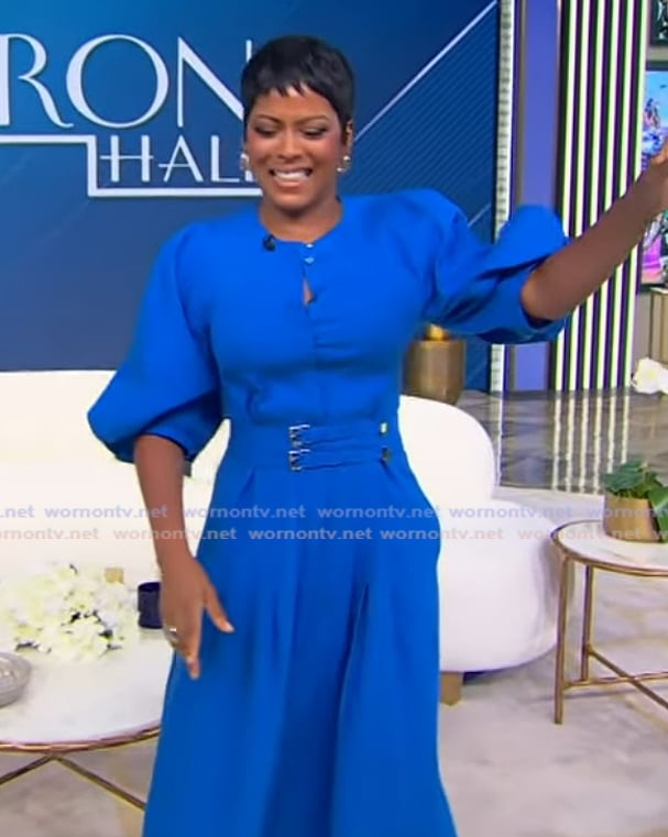 Tamron's blue belted dress on Tamron Hall Show