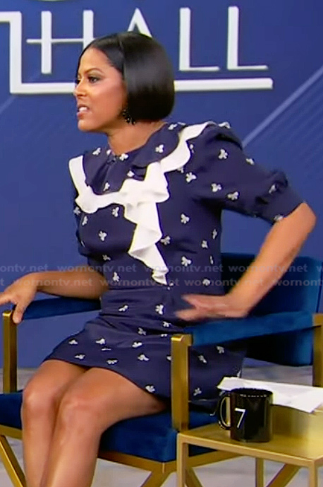 Tamron’s blue bow print ruffle dress on Tamron Hall Show