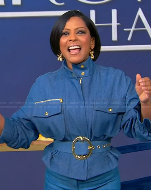 Tamron’s blue jacket and skirt on Tamron Hall Show