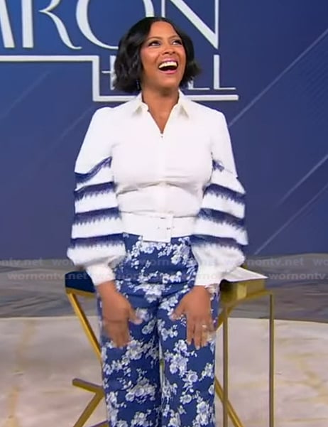 Tamron’s embroidered blouse and floral pants on Tamron Hall Show