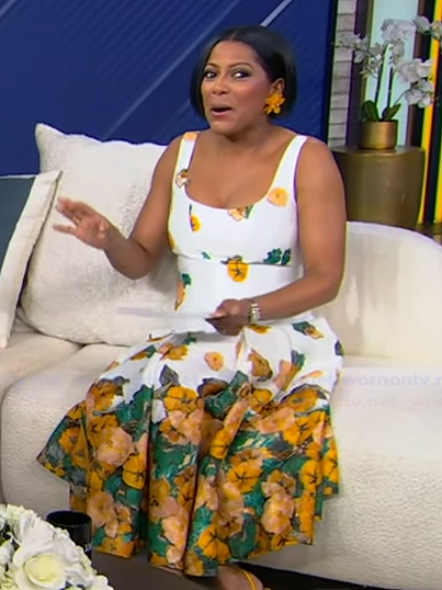 Tamron’s white floral sleeveless dress on Tamron Hall Show