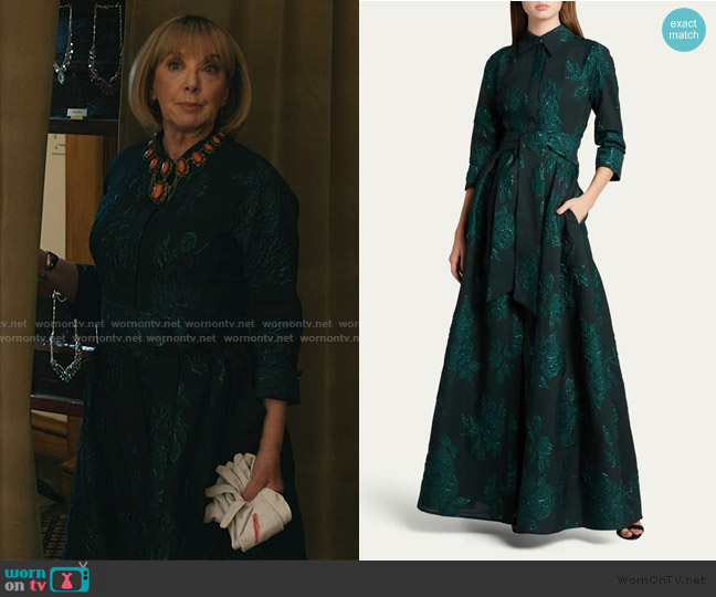 Teri Jon by Rickie Freeman Metallic Jacquard Shirt Dress Gown worn by Isadora Lancaster (J. Smith-Cameron) on Elsbeth