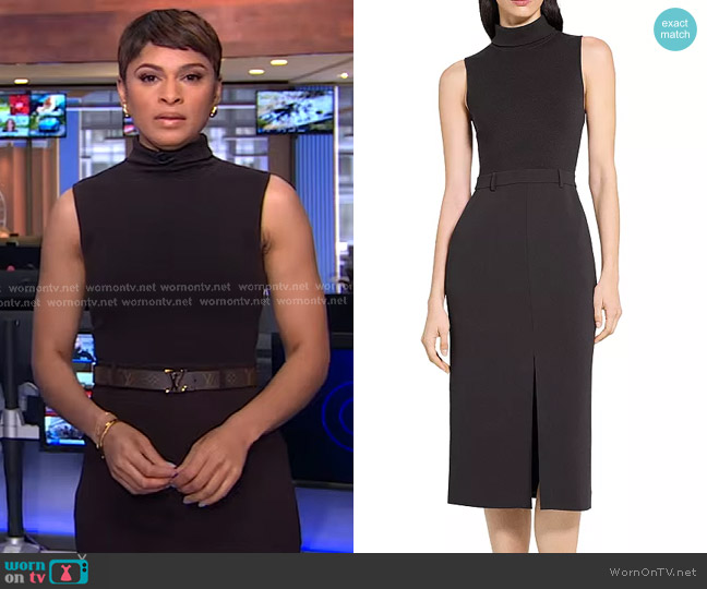 Theory Funnel-Neck Admiral Crepe Sleeveless Midi Dress in Dark Cacao worn by Jericka Duncan on CBS Evening News