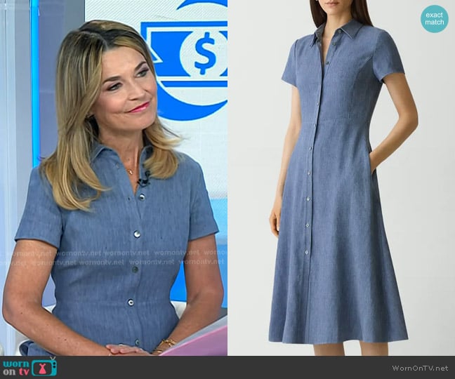 Theory Stretch Linen Blend Shirtdress in Light Denim worn by Savannah Guthrie on Today