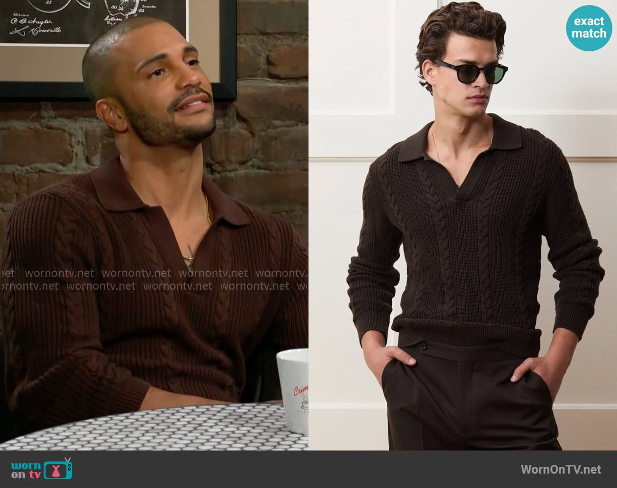 Todd Snyder Beechwood Cable Knit Sweater Polo in Caviar worn by Holden Novak (Nathan Owens) on The Young and the Restless