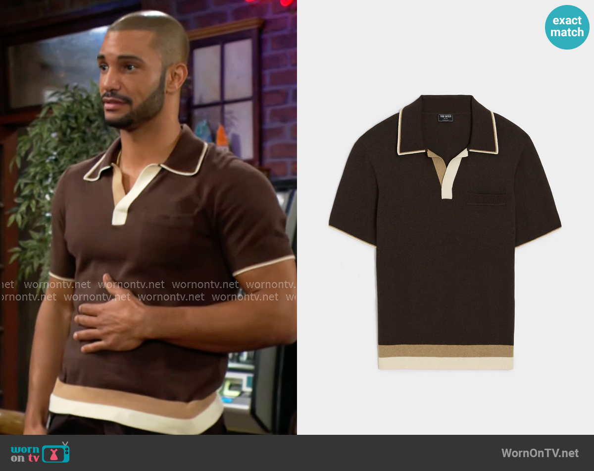 Todd Snyder Sedona Sweater Polo in Caviar worn by Holden Novak (Nathan Owens) on The Young and the Restless