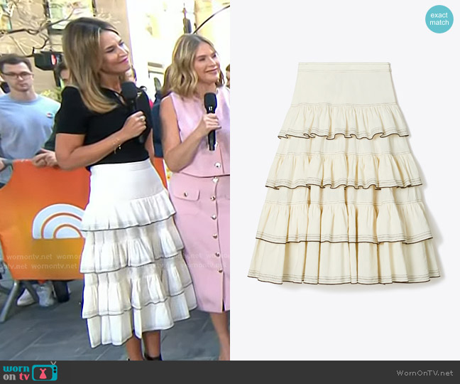 Tory Burch Ruffle Cotton Skirt in Biscuit worn by Savannah Guthrie on Today
