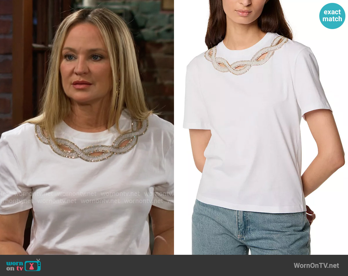 Tresse Tobi Rhinestone Trim Tee worn by Sharon Newman (Sharon Case) on The Young and the Restless