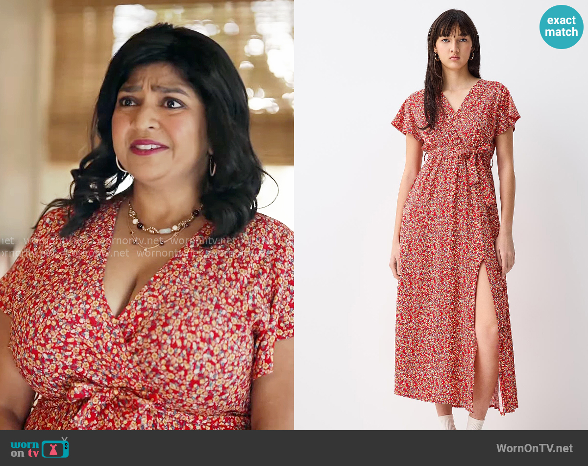 Twik Printed wraparound maxi dress in Ruby / Vermilion worn by Bela (Punam Patel) on Ghosts