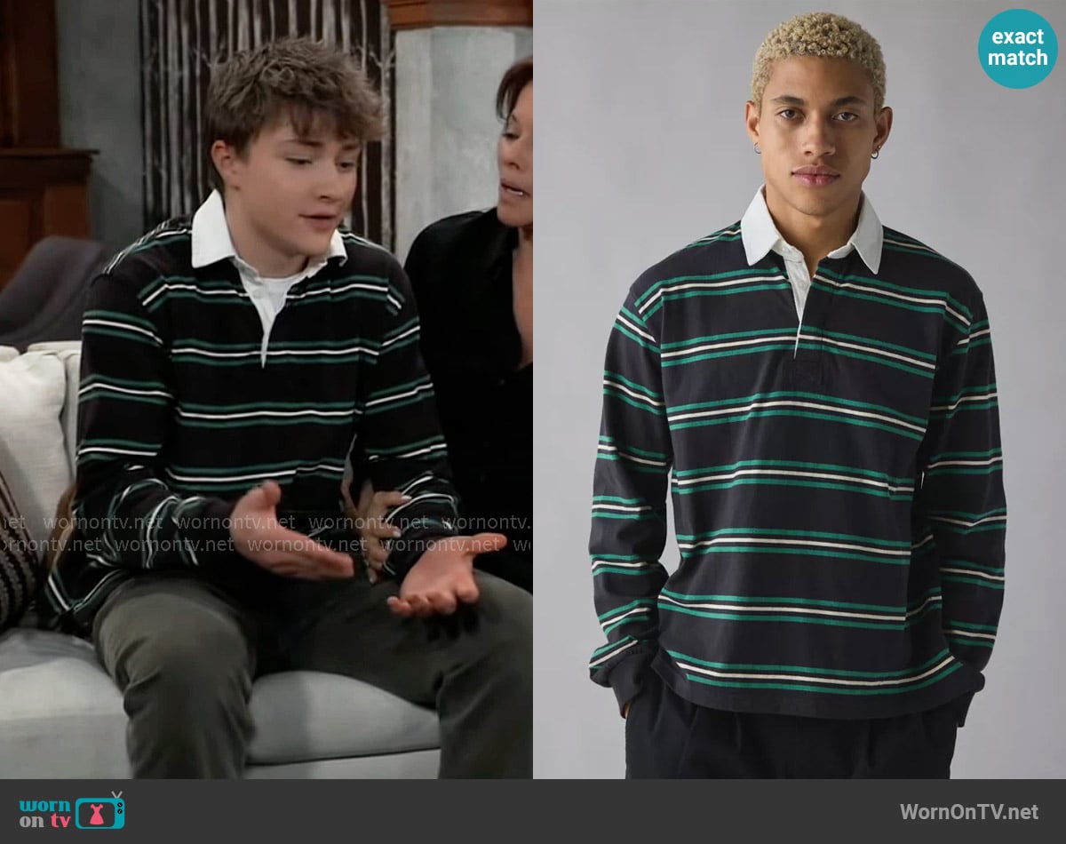 Urban Outfitters Striped Long Sleeve Rugby Tee in Black worn by Danny Morgan (Asher Jared Antonyzyn) on General Hospital