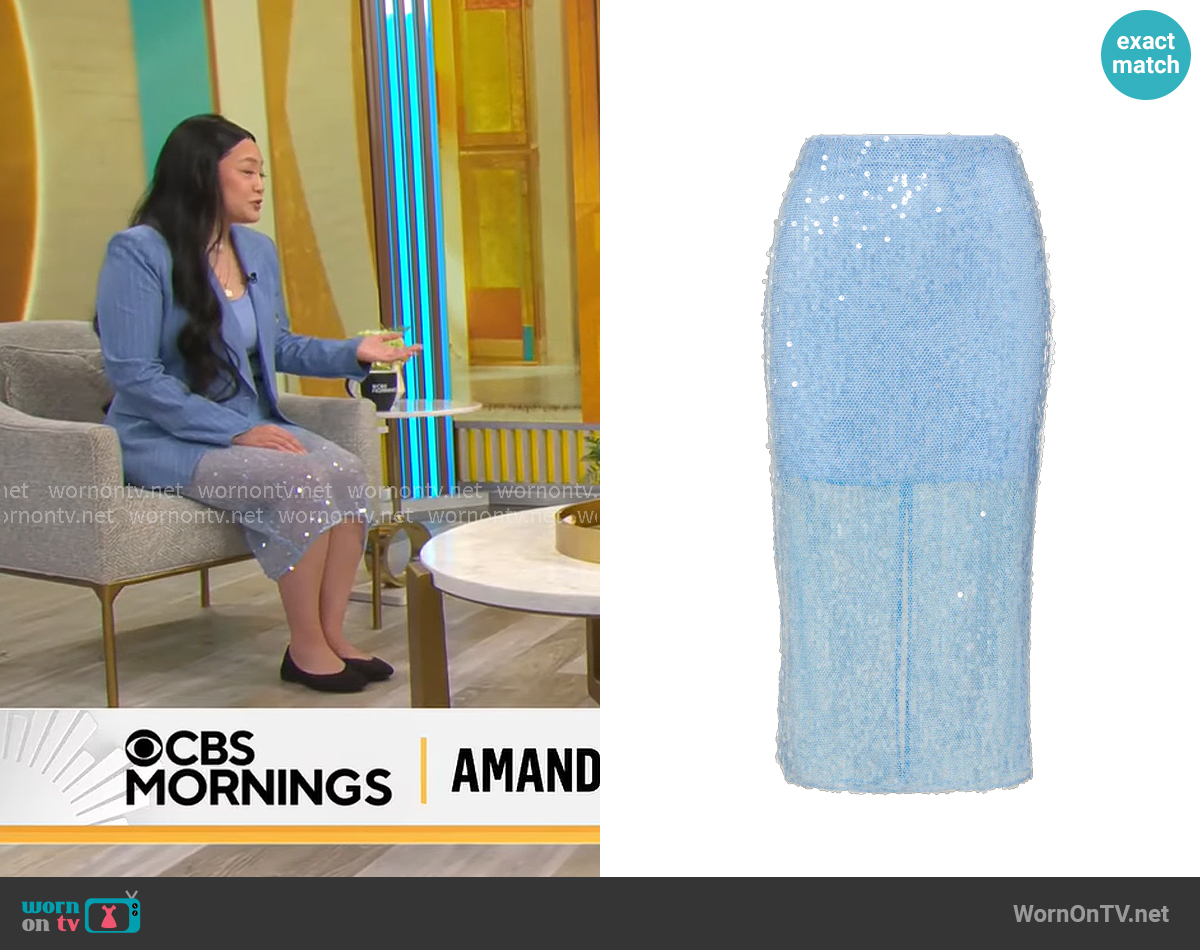 Veronica Beard Allora Sequin Midi Skirt in Blue Jay worn by Amanda Nguyen on CBS Mornings
