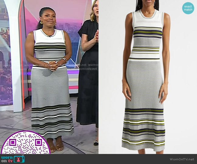 Veronica Beard Dawna Knit Dress in Navy/ Cactus/ Off White worn by Sheinelle Jones on Today