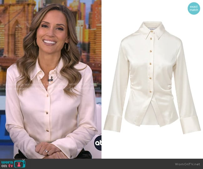 Veronica Beard Shiona Stretch-Silk Blouse in Dove White worn by Rhiannon Ally on Good Morning America