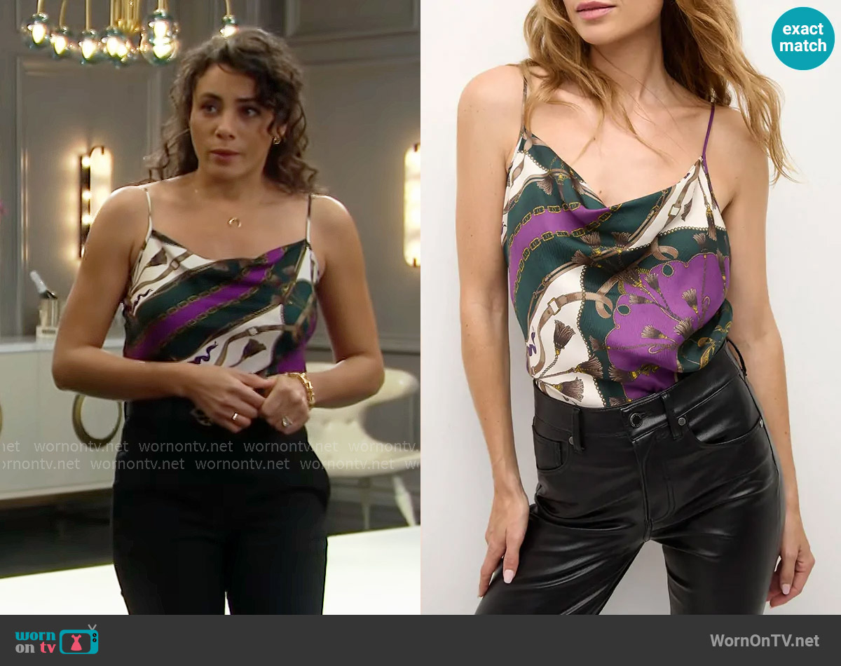 Veronica Beard Sola Silk Tank in Pine Multi worn by Daphne Rose (Murielle Hilaire) on The Bold and the Beautiful