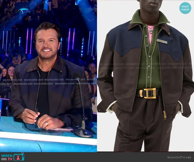 Versace Colorblocked Wool/Mohair Zip-Up Blouson Jacket worn by Luke Bryan on American Idol