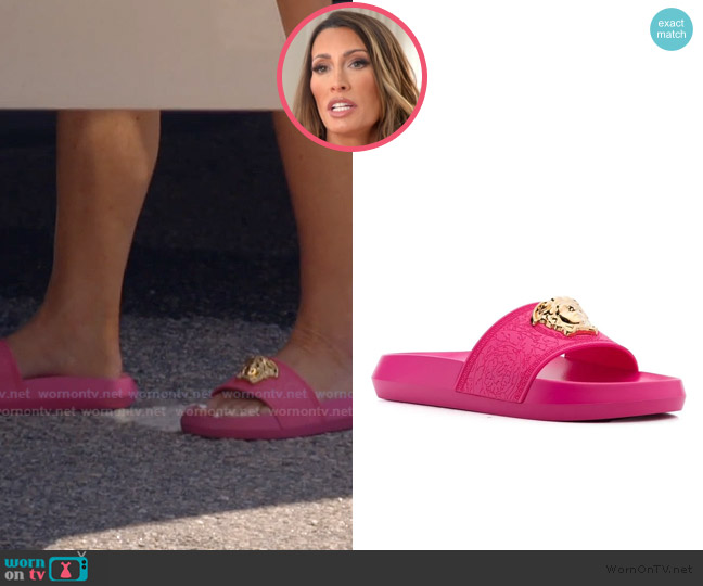 Versace Palazzo Medusa-plaque slides worn by Alicia Carmody on The Real Housewives of Rhode Island