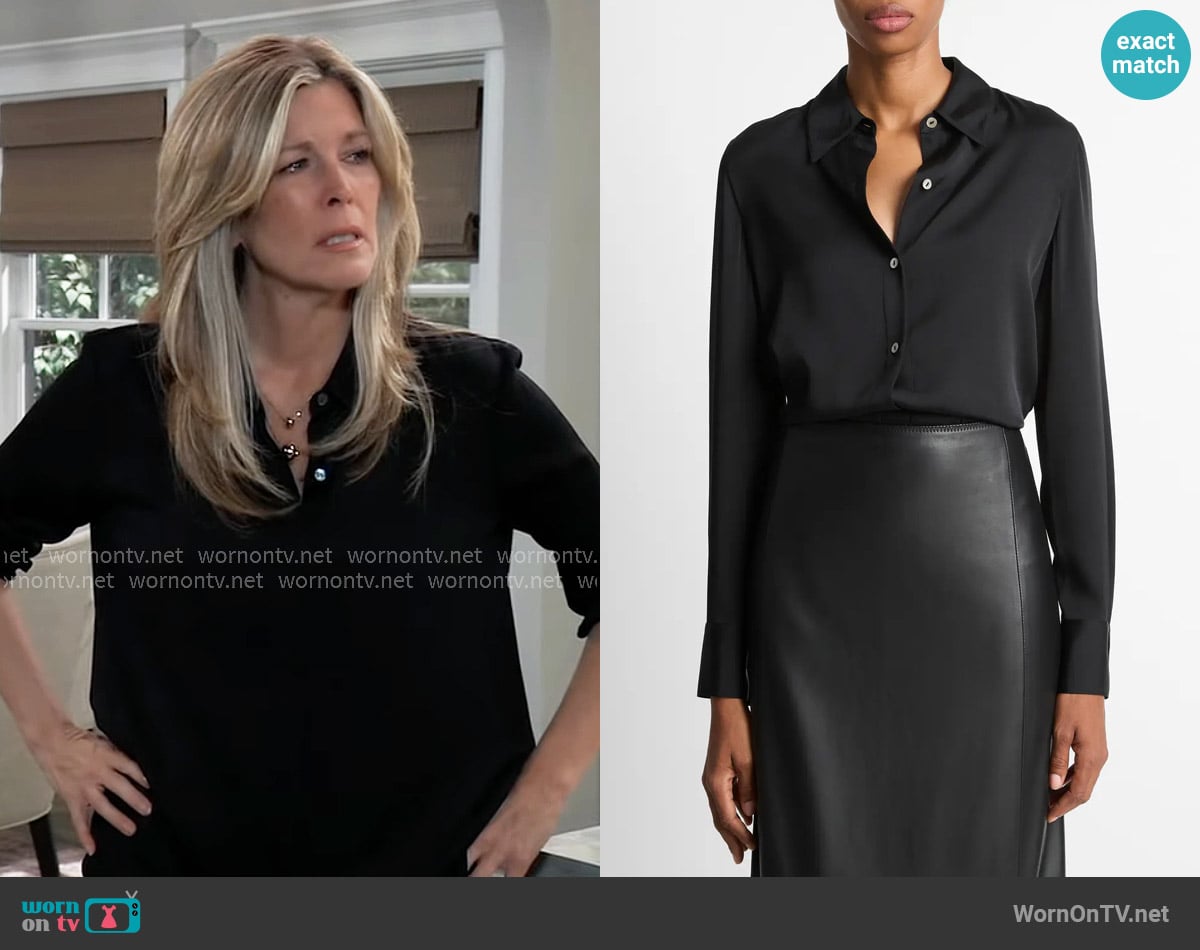 Vince Slim Fit Silk Blend Button-Up Shirt in Black worn by Carly Spencer (Laura Wright) on General Hospital