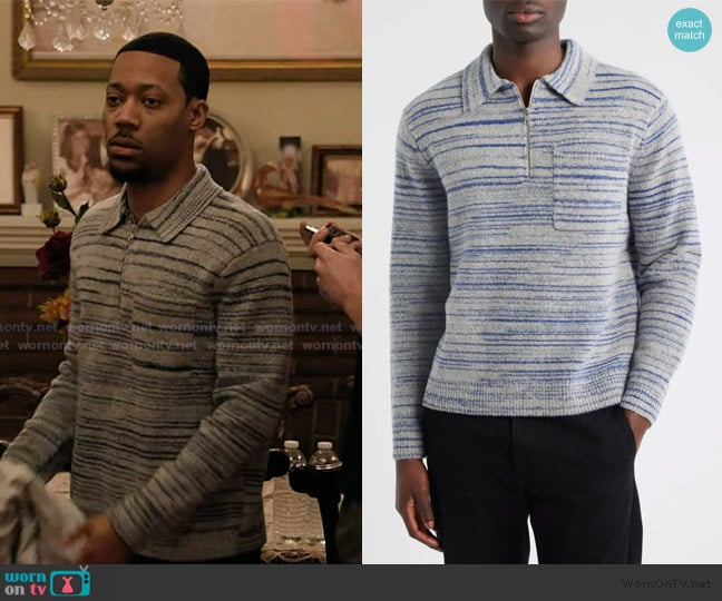 Wax London Alpha Space Dye Quarter Zip Polo Sweater worn by Gregory Eddie (Tyler James Williams) on Abbott Elementary