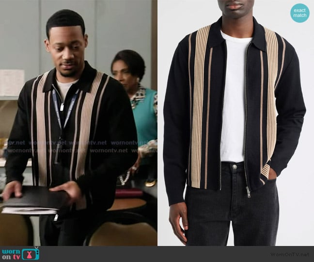 Wax London Lennox Stripe Cotton & Cashmere Zip-Up Shirt worn by Gregory Eddie (Tyler James Williams) on Abbott Elementary