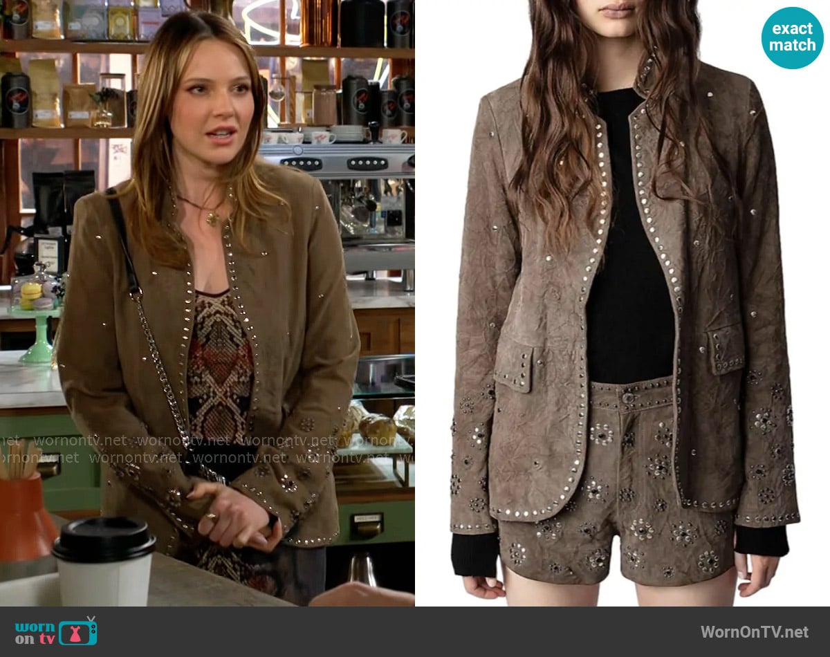 Zadig and Voltaire Very Studded Suede Blazer worn by Tessa Porter (Cait Fairbanks) on The Young and the Restless