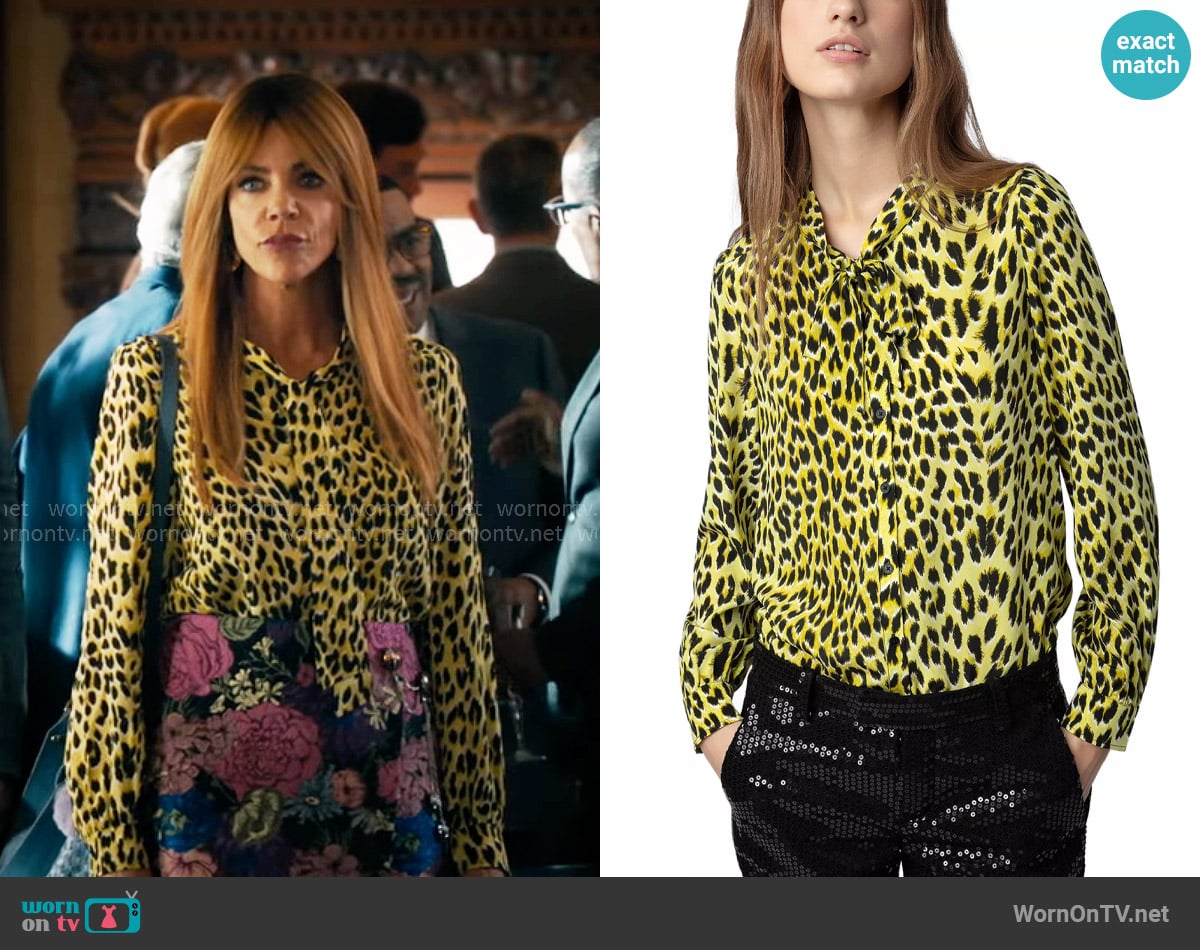 Zadig & Voltaire Taos leopard-print silk shirt worn by Morgan Gillory (Kaitlin Olson) on High Potential