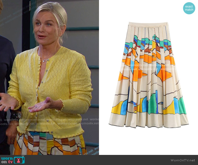 Zara Printed Pleated Midi Skirt ZW Collection worn by Kayla Brady (Mary Beth Evans) on Days of our Lives