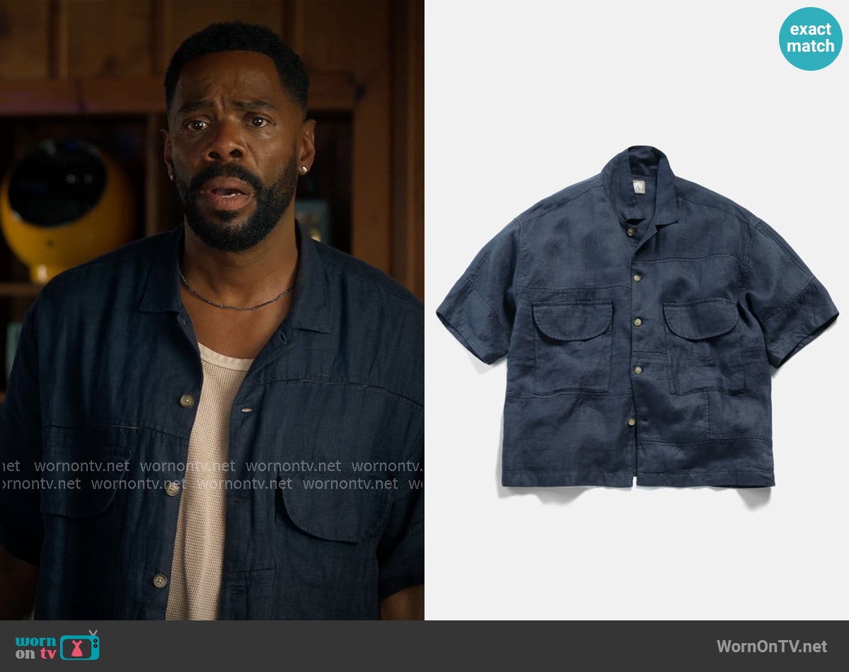18 East Agerola Lattice Stitched Patchwork Shirt in Navy Linen Twill worn by Danny (Colman Domingo) on The Four Seasons