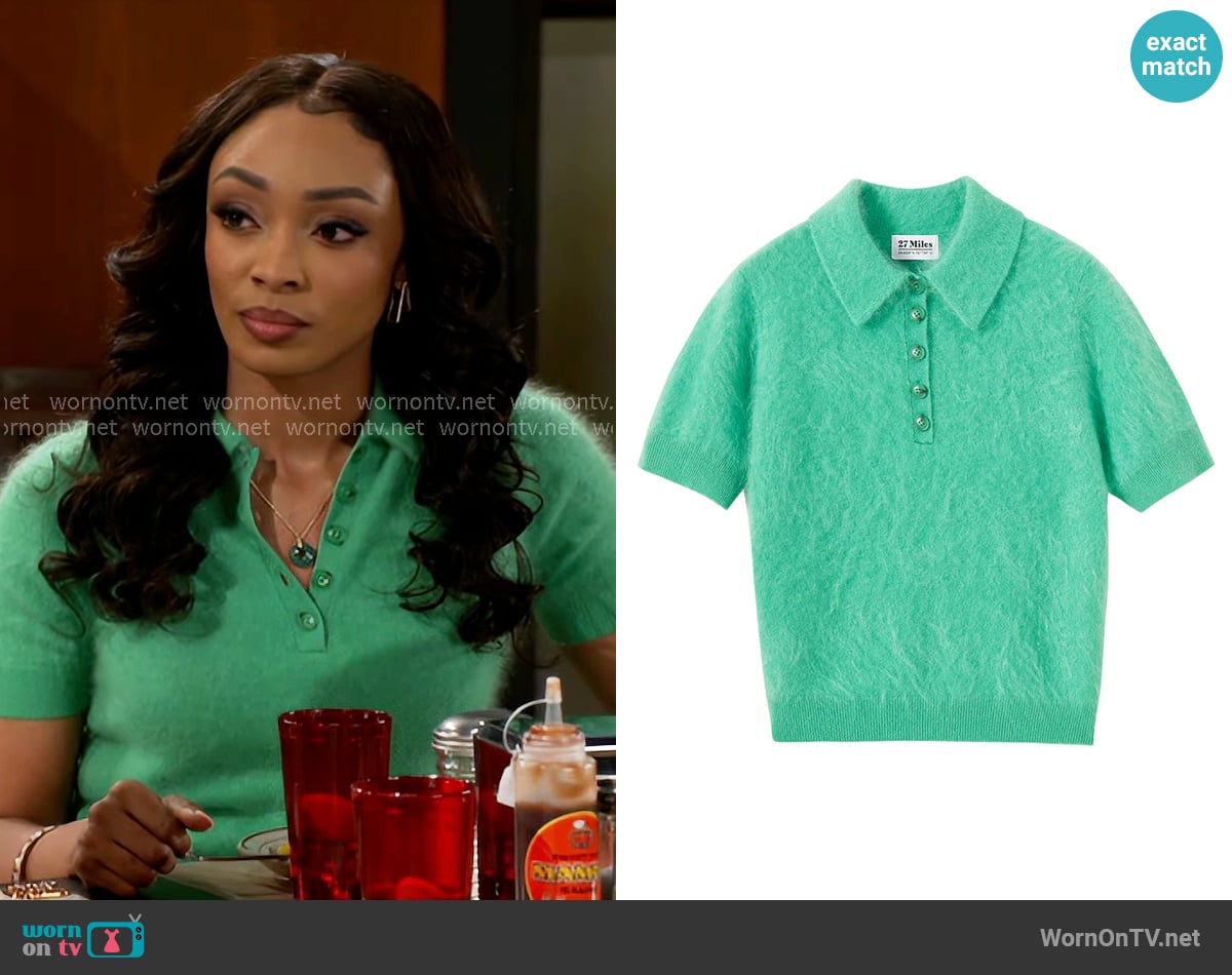 27 Miles Malibu Alessia Fuzzy Cashmere Short Sleeve Polo worn by Madison Montgomery (Kenjah) on Beyond the Gates