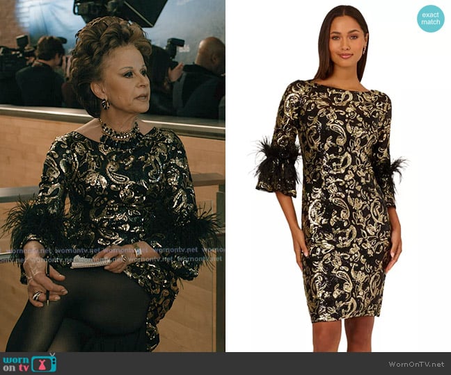 Adrianna Papell Sequin Embroidered Midi Dress in Black Gold worn by Betty Heymouth (Tracey Ullman) on Elsbeth