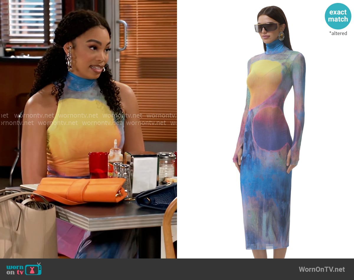 AFRM Shailene Dress in Midnight Dot worn by Chelsea Hamilton (RhonniRose Mantilla) on Beyond the Gates