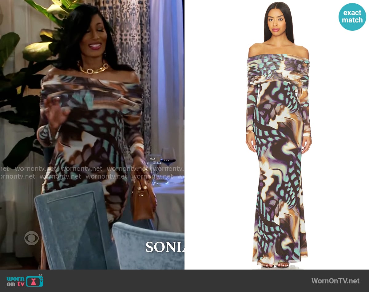 AFRM Thelma Dress in Feather Swirl worn by Dana 'Leslie' Thomas (Trisha Mann-Grant) on Beyond the Gates
