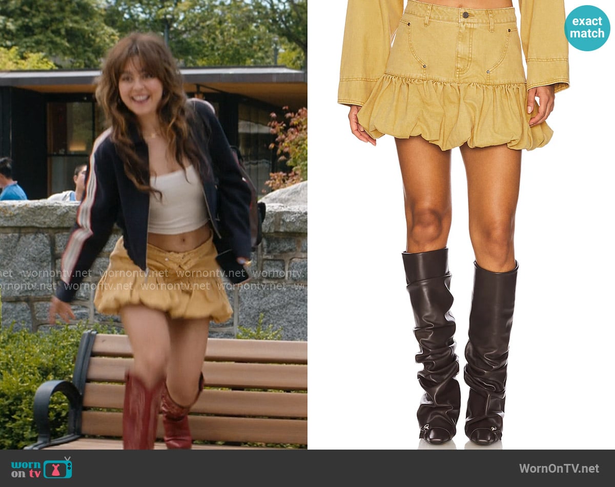 AFRM Zell Bubble Skirt in Beige Khaki worn by Allie Hayes (Mika Abdalla) on Off Campus