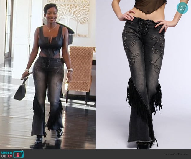 Akira Rodea Fringe Low Rise Flare Jeans worn by Shamea Morton Mwangi on The Real Housewives of Atlanta