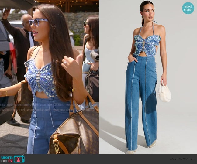 Akira Spread Your Wings Denim Butterfly Jumpsuit worn by Rosie DiMare on The Real Housewives of Rhode Island