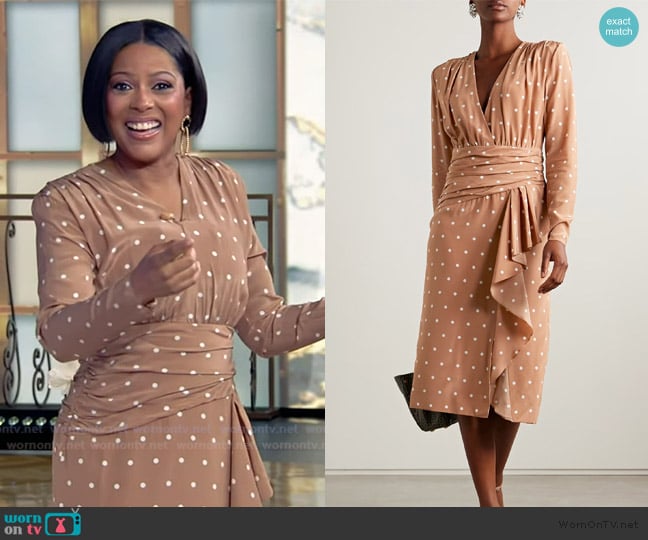Alessandra Rich Gathered polka-dot silk crepe de chine midi dress worn by Tamron Hall on Tamron Hall Show
