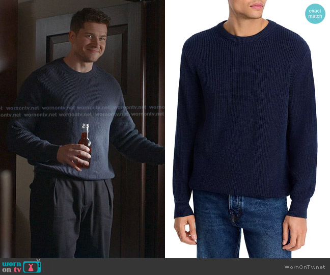 Alex Crane Bay Sweater in indigo worn by Evan Buckley (Oliver Stark) on 9-1-1